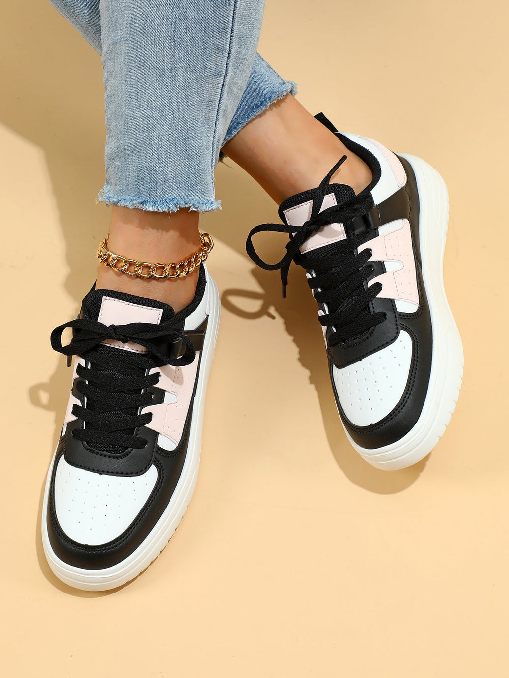 Women's Lace-Up Platform Sneakers - Low Top - Perforated Panel - Chunky Sole