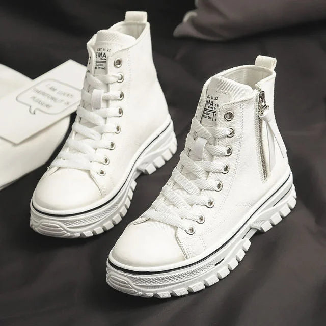 Women's Platform High-Top Sneakers - Lace Up Canvas Shoes