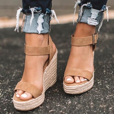 Women’s Open Toe Wedge Sandals with Ankle Strap and Platform Sole