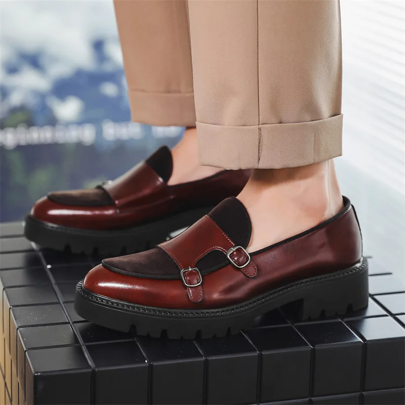 Men's Double Monk Strap Loafers - Platform Lug Sole - Round Toe