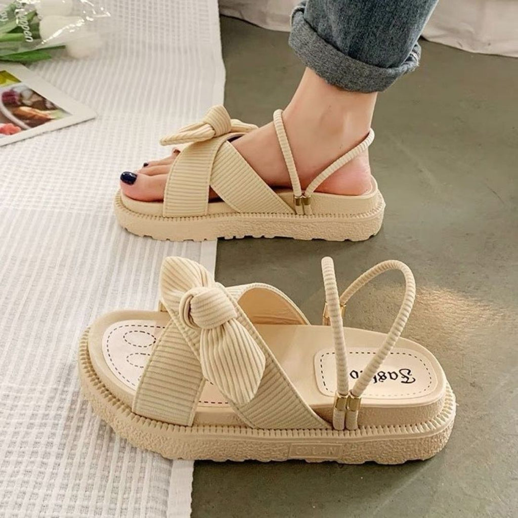 Women's Platform Sandals Bow Detail Ankle Strap Textured Sole