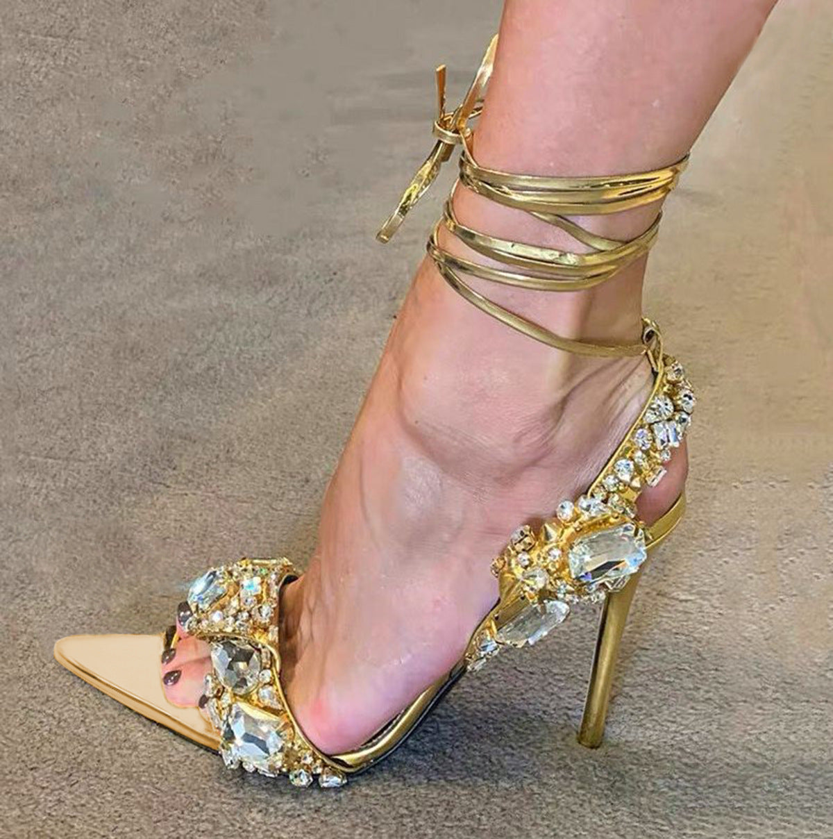 Women's Gold Crystal Rhinestone Embellished Lace-Up Pointed Toe Stilettos