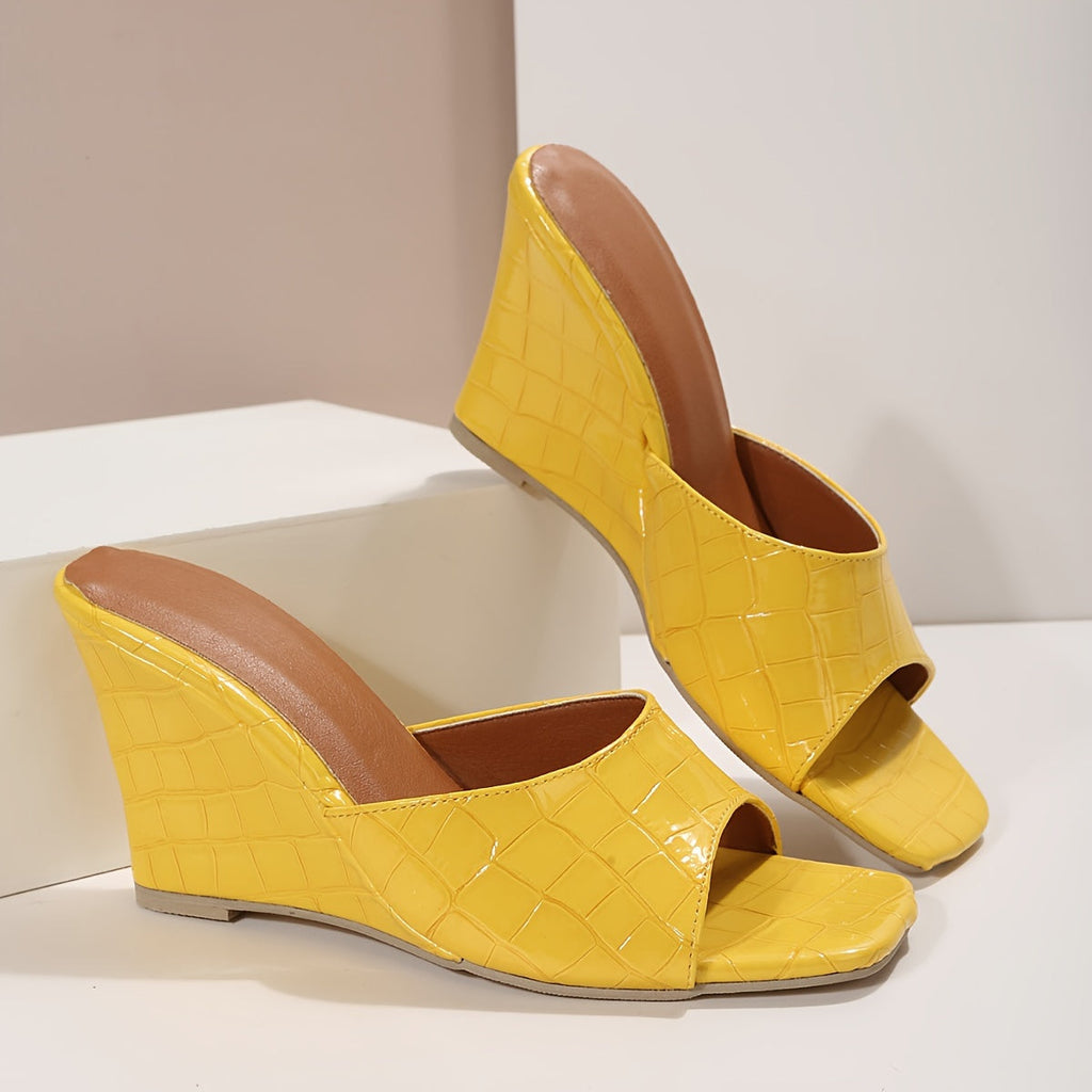 Women's Croc-Embossed Square Toe Wedge Slide Sandals