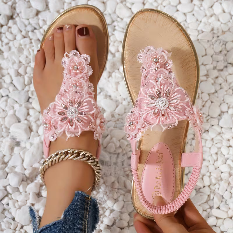Women's Flat Thong Sandals – T-Strap Floral Lace and Rhinestone Elastic Slingback