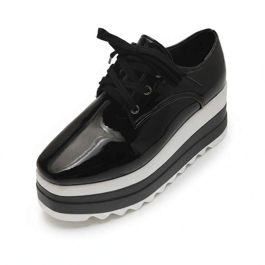 Women's Square Toe High Platform Sneakers - Lace-Up Patent