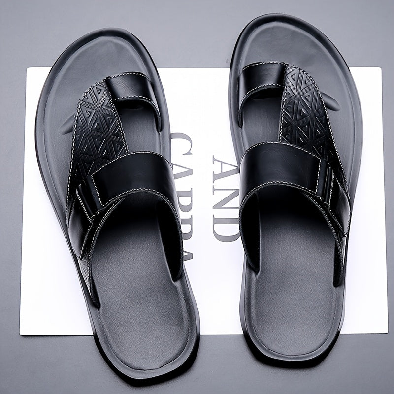Men's Open Toe Leather Sandals – Toe Loop Slip-On with Geometric Embossed Strappy