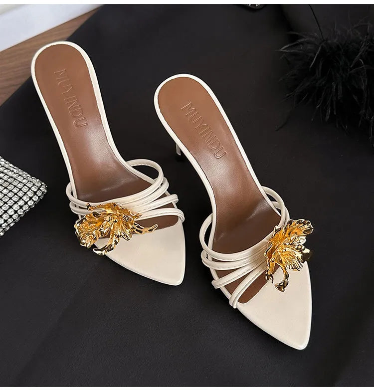 Women's Pointed Toe Strappy Heeled Mules - Gold Metal Flower Stiletto