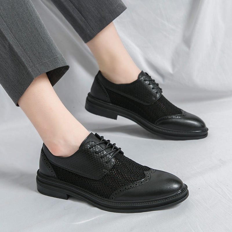 Men's Brogue Oxford Shoes – Lace-Up Round Toe with Mesh Panel Upper and Low Heel