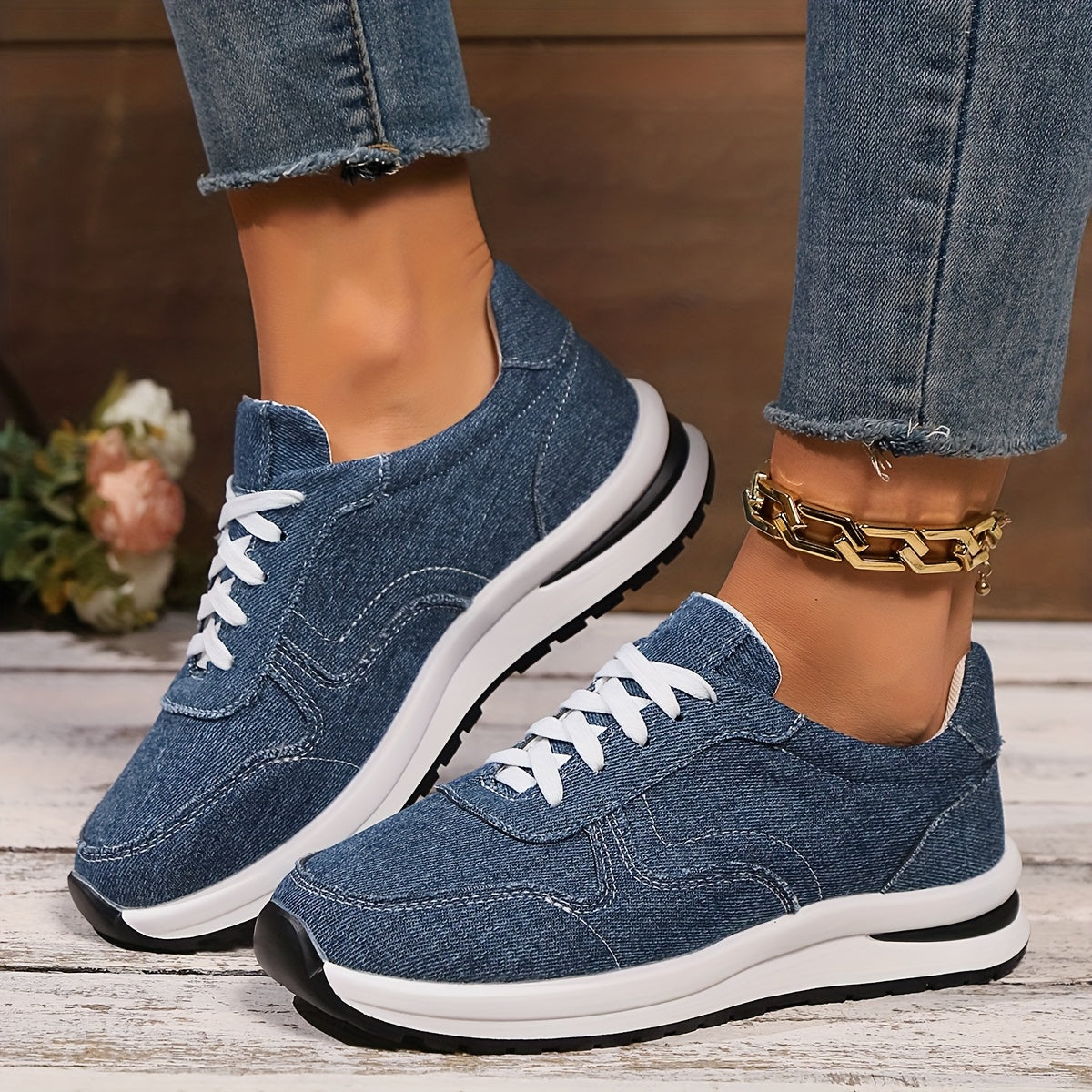 Women’s Round Toe Faux Leather Platform Sneakers with Lace-Up Design