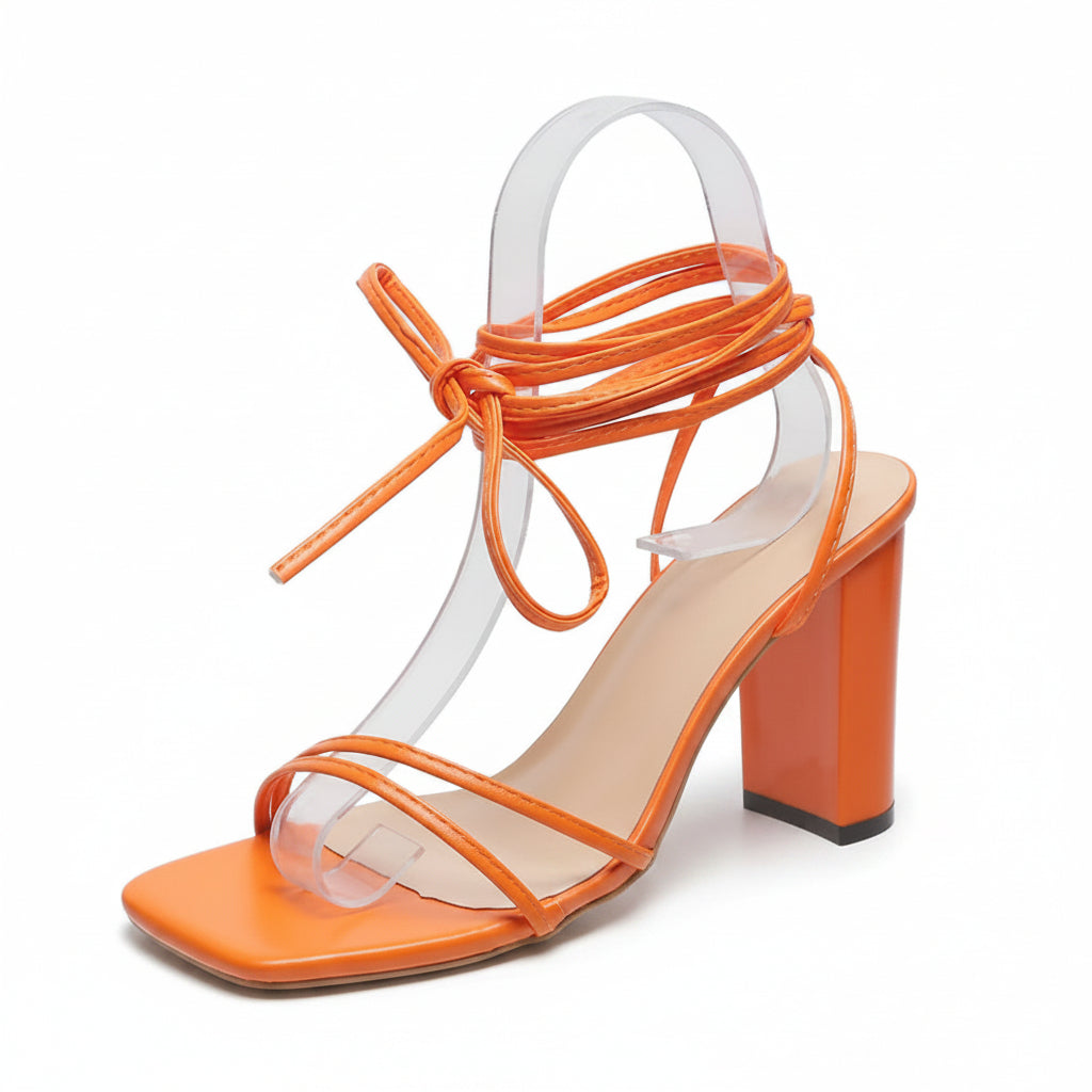 Women's Strappy Block Heel Sandals – Open Toe Lace-Up Wrap with Square Toe