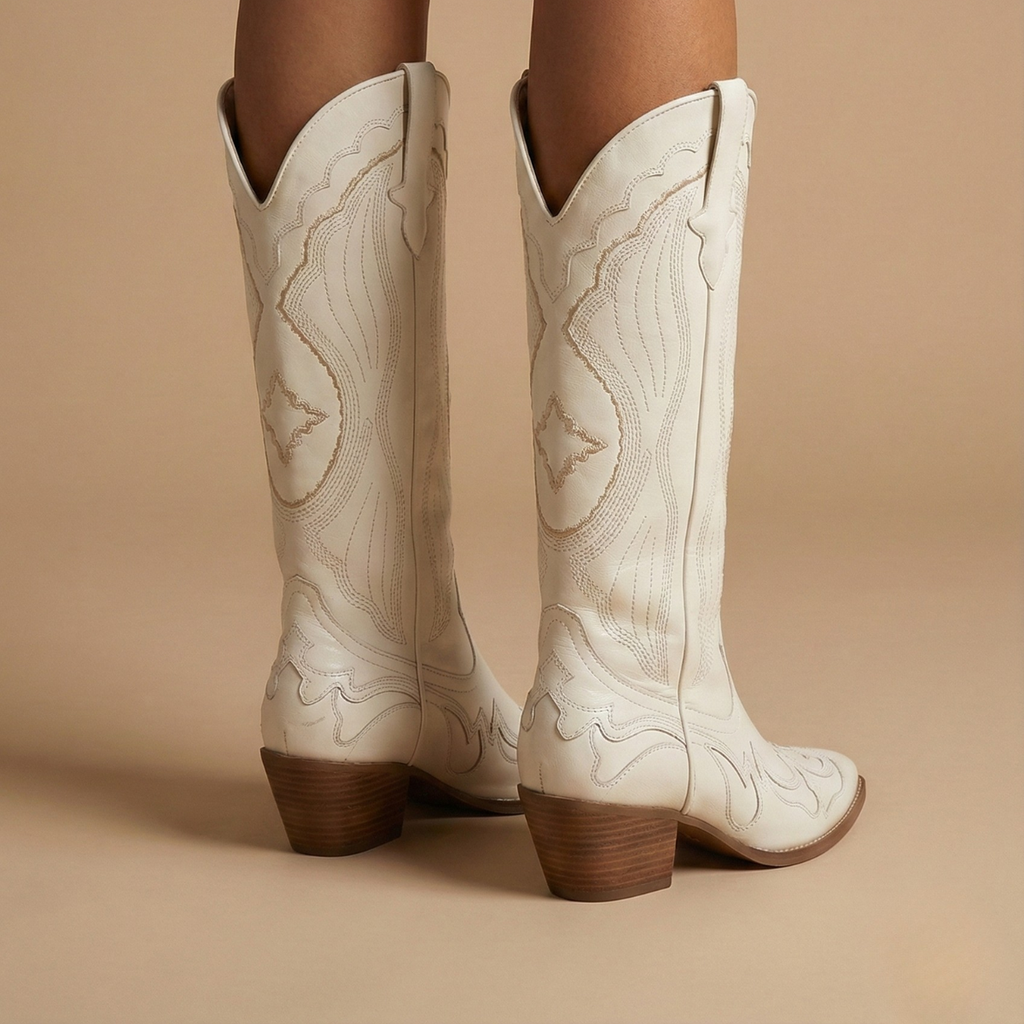 Women’s Mid-Calf Western Cowboy Boots with Embroidered Stitching and Block Heel