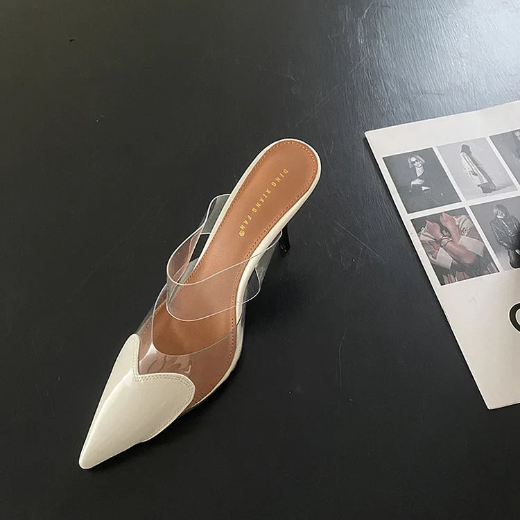 Women's Pointed Toe Clear Mule Heels - Heart Detail Stiletto Slip-On