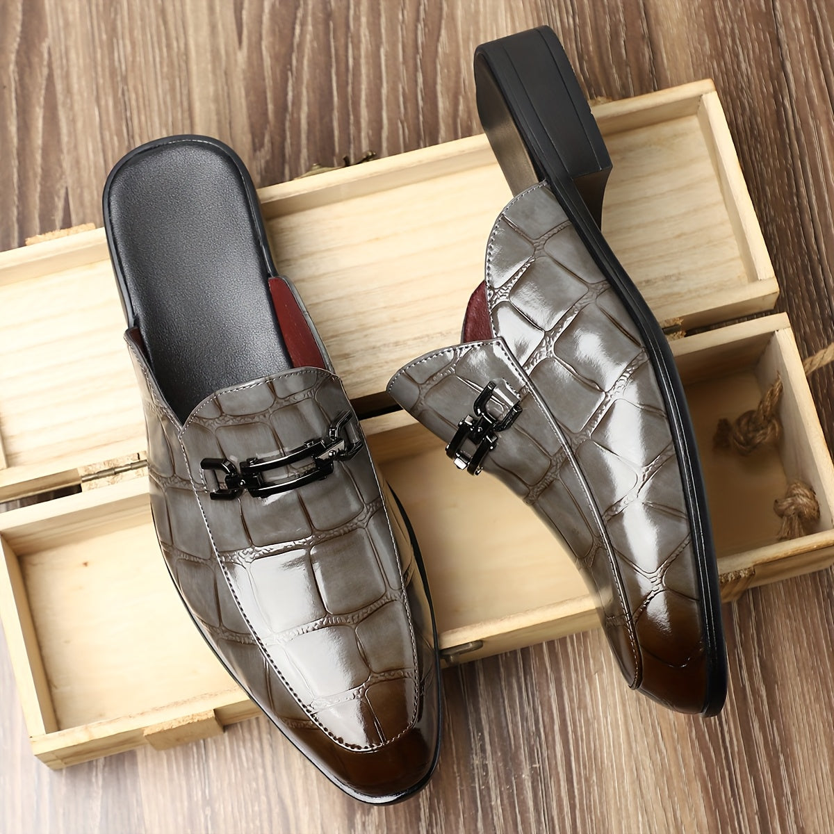 Men’s Mule Loafers with Croc Pattern - Slip-On Backless Design - Metal Bit Detail