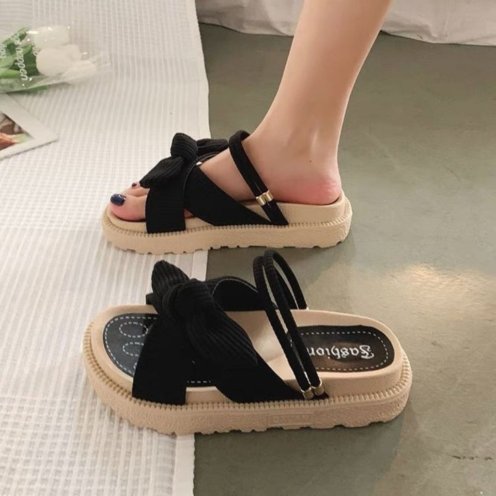 Women's Platform Sandals Bow Detail Ankle Strap Textured Sole