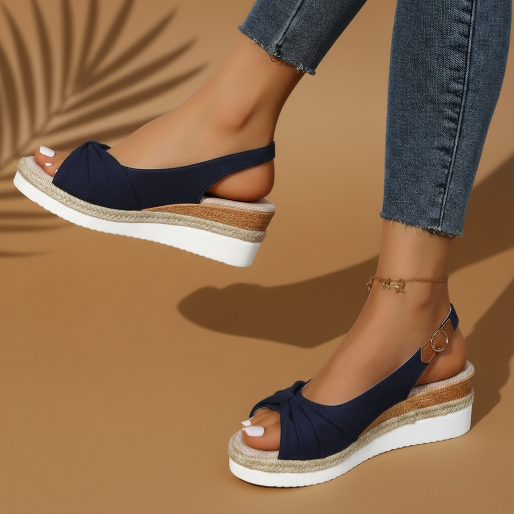Women's Peep Toe Wedge Sandals - Knotted Vamp - Slingback Buckle Strap - Espadrille Platform Sole