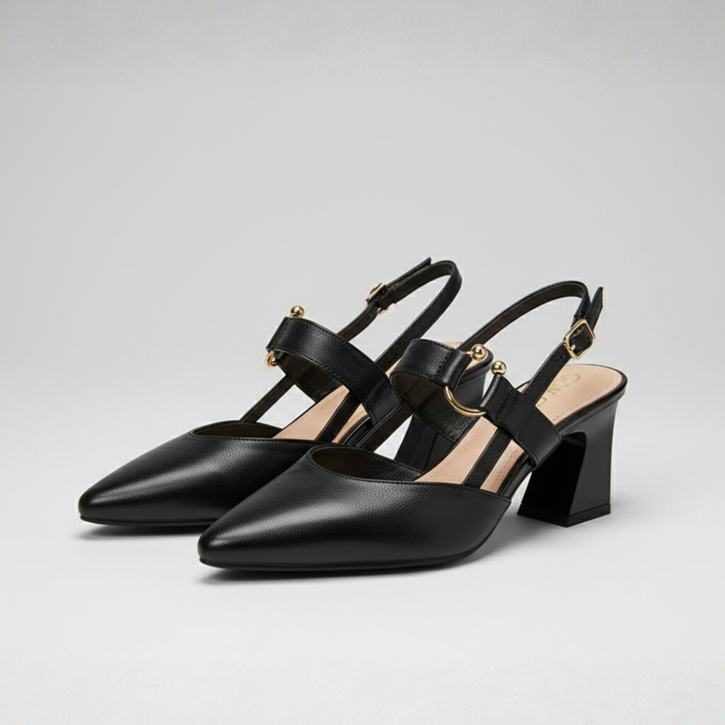 Women’s Pointed Toe Slingback Heels with Block Heel and Strap Detail