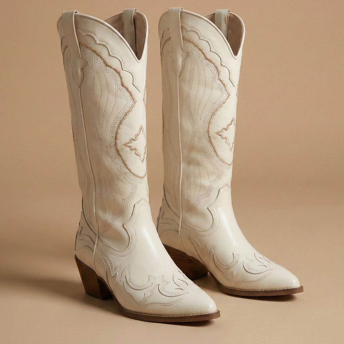 Women’s Mid-Calf Western Cowboy Boots with Embroidered Stitching and Block Heel