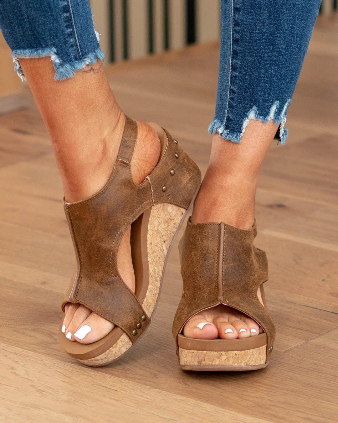 Women’s Open Toe Wedge Sandals with Cut Out Upper and Cork Effect Sole