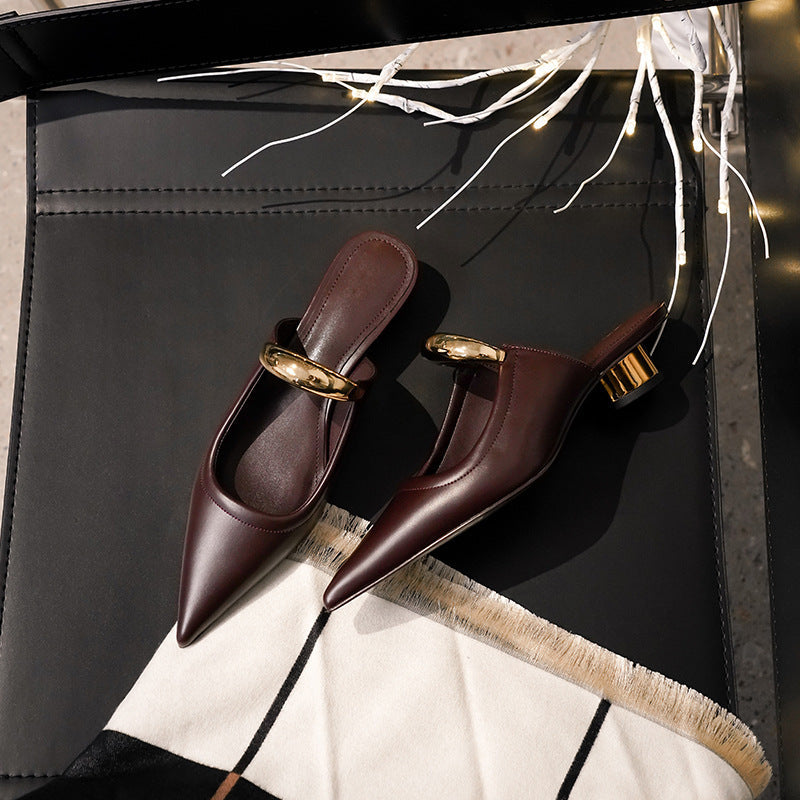 Women's Mules - Sculptural Bar Detail - Low Cylinder Heel