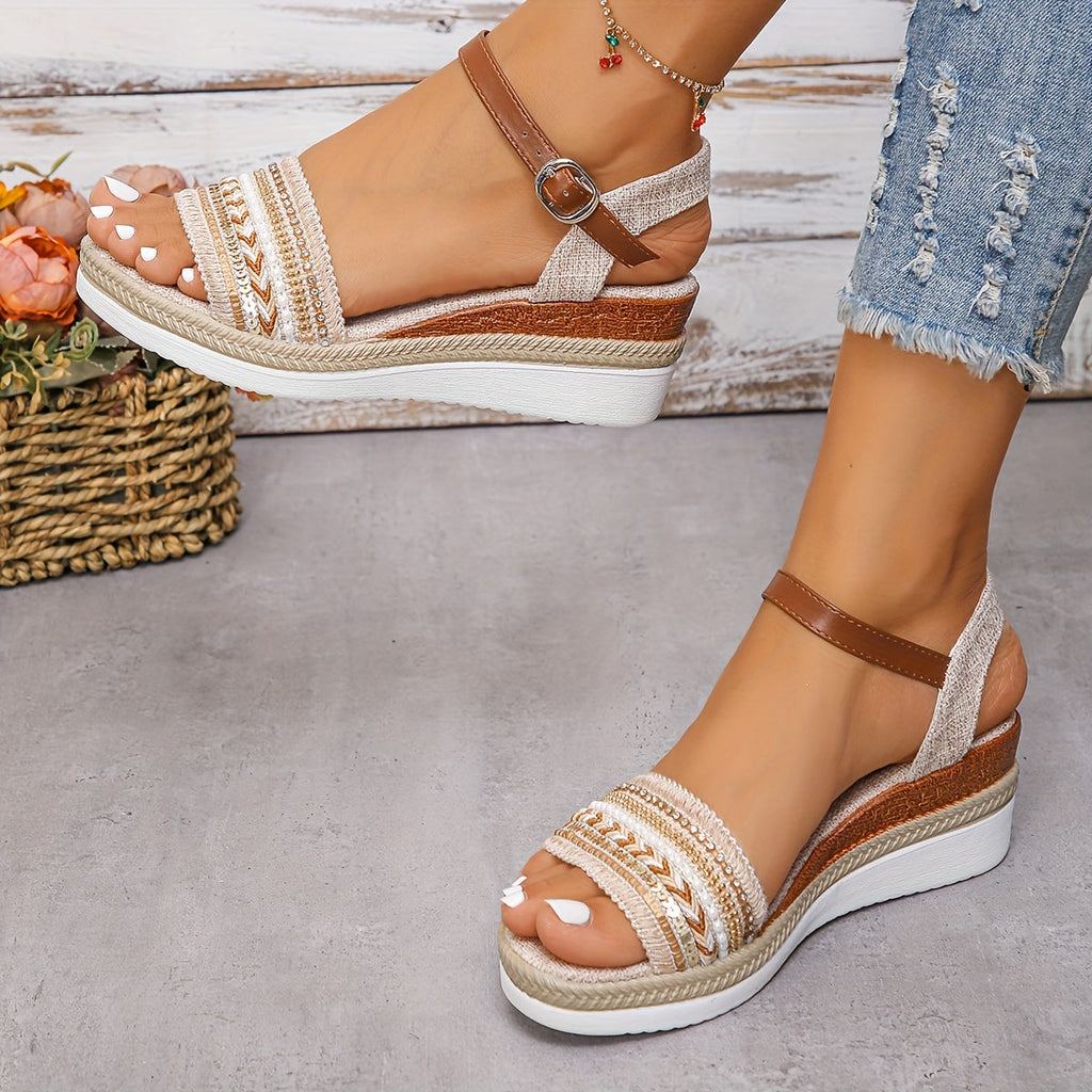 Women's Platform Wedge Comfortable Espadrille - Ankle Strap - Braided