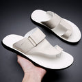 Men's Open Toe Leather Sandals – Toe Loop Slip-On with Geometric Embossed Strappy