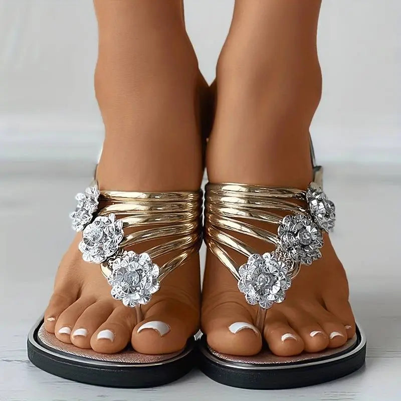 Women's Crystal Embellished Strappy Thong Comfortable Sandals