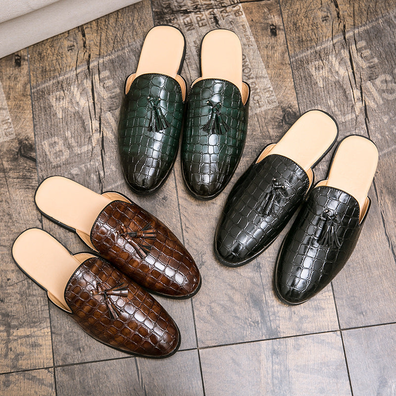 Men’s Croc-Embossed Leather Slip-On Mule Loafers with Tassel Detail