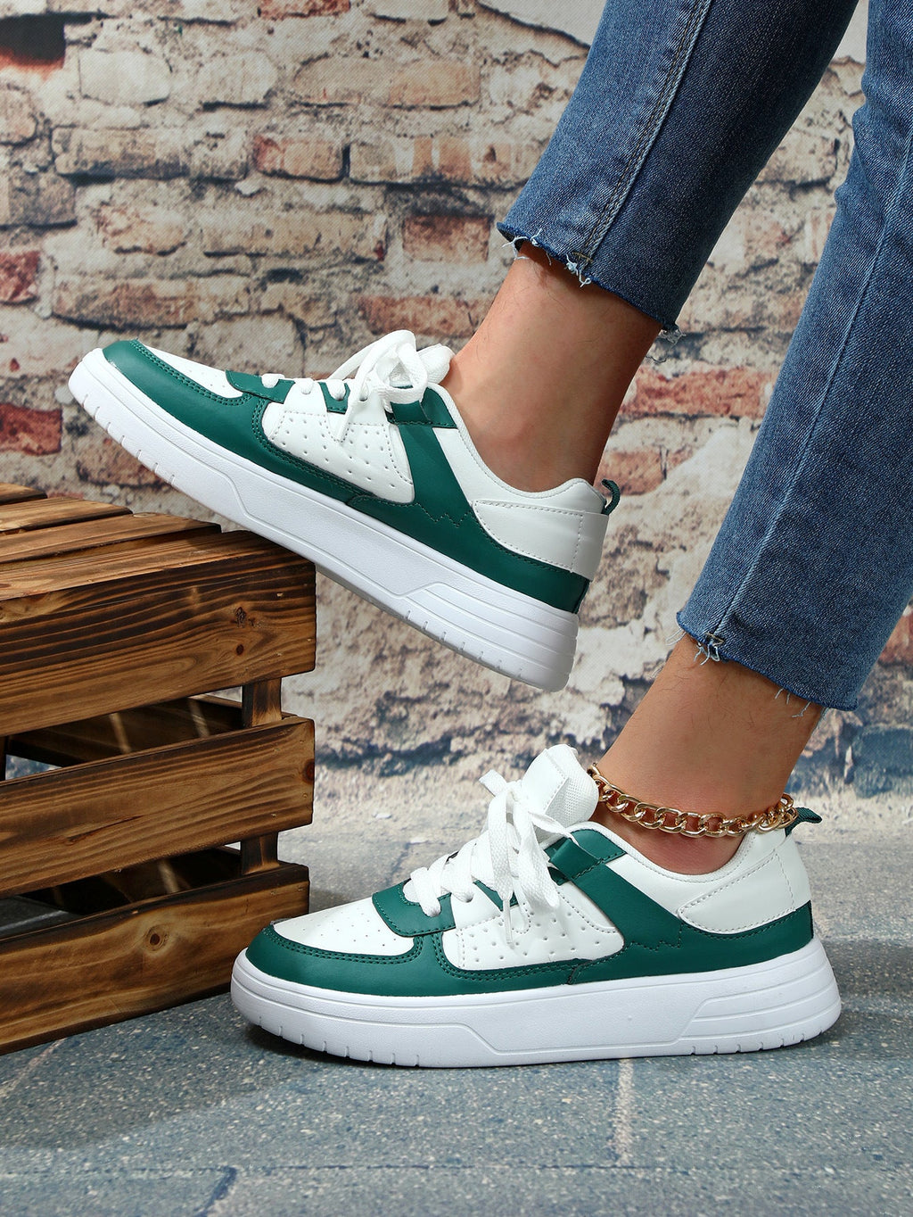 Women's Lace-Up Platform Sneakers - Low Top - Perforated Panel - Chunky Sole