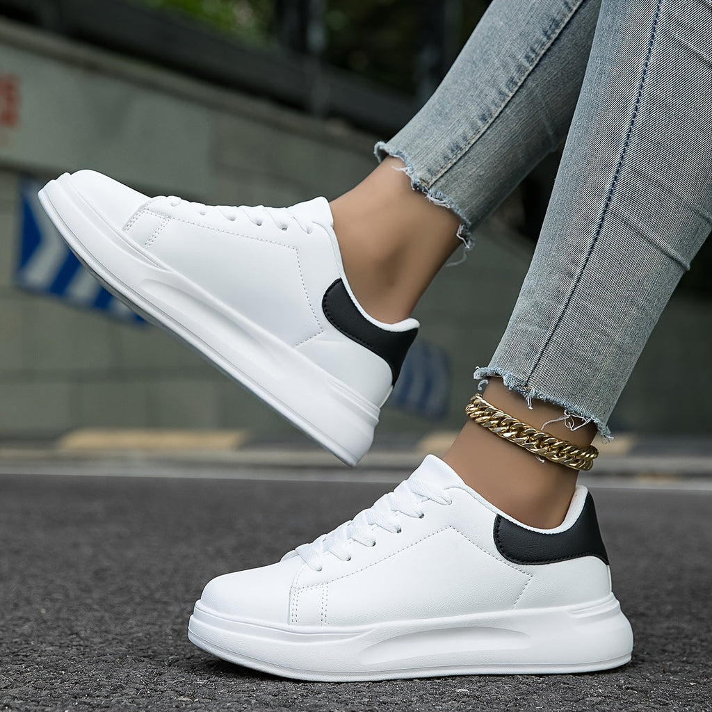 Women’s Low-Top Lace-Up Sneakers with Smooth Upper and Contrast Heel Panel