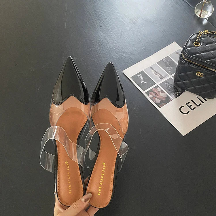 Women's Pointed Toe Clear Mule Heels - Heart Detail Stiletto Slip-On