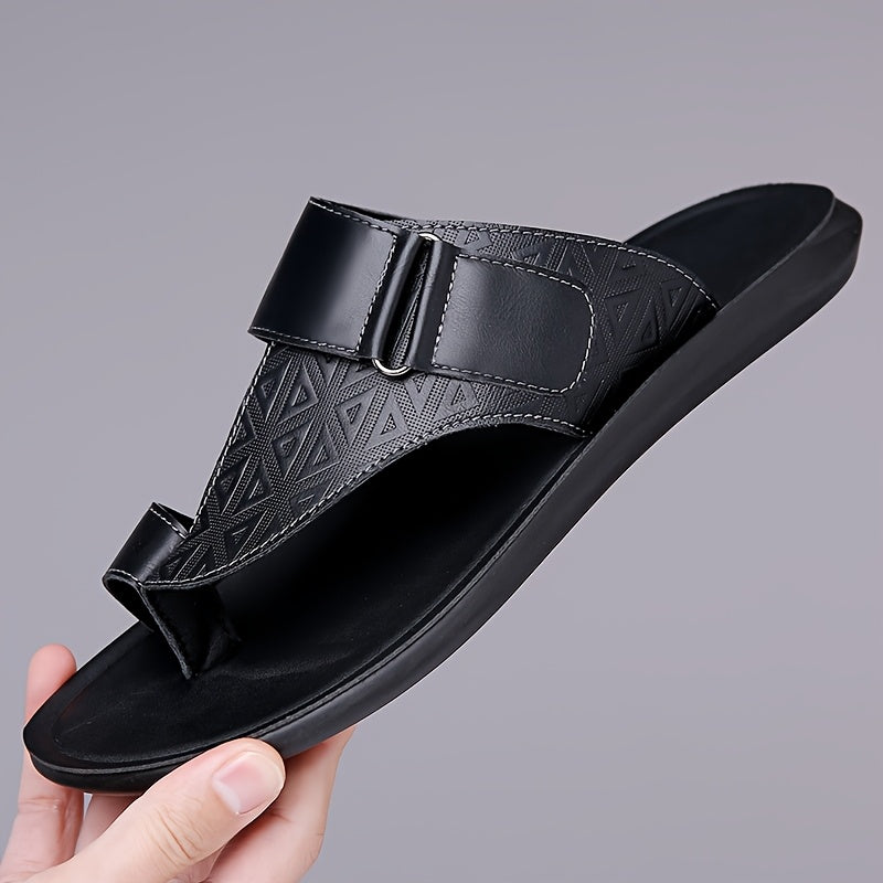 Men's Open Toe Leather Sandals – Toe Loop Slip-On with Geometric Embossed Strappy