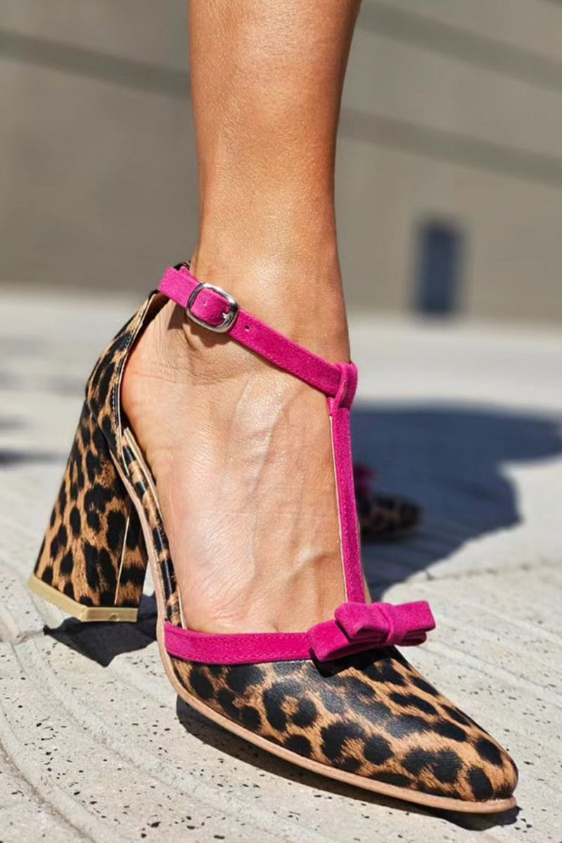 Women's Leopard Print T-Bar Block Heels with Buckle Ankle Strap