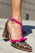 Women's Leopard Print T-Bar Block Heels with Buckle Ankle Strap