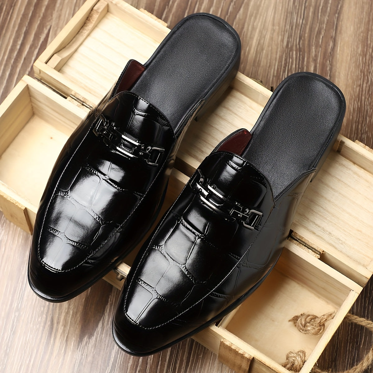 Men’s Mule Loafers with Croc Pattern - Slip-On Backless Design - Metal Bit Detail
