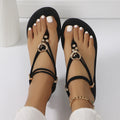 Women's Flat Thong Sandals – Strappy Ankle Wrap with Heart Hardware and Bead Detail