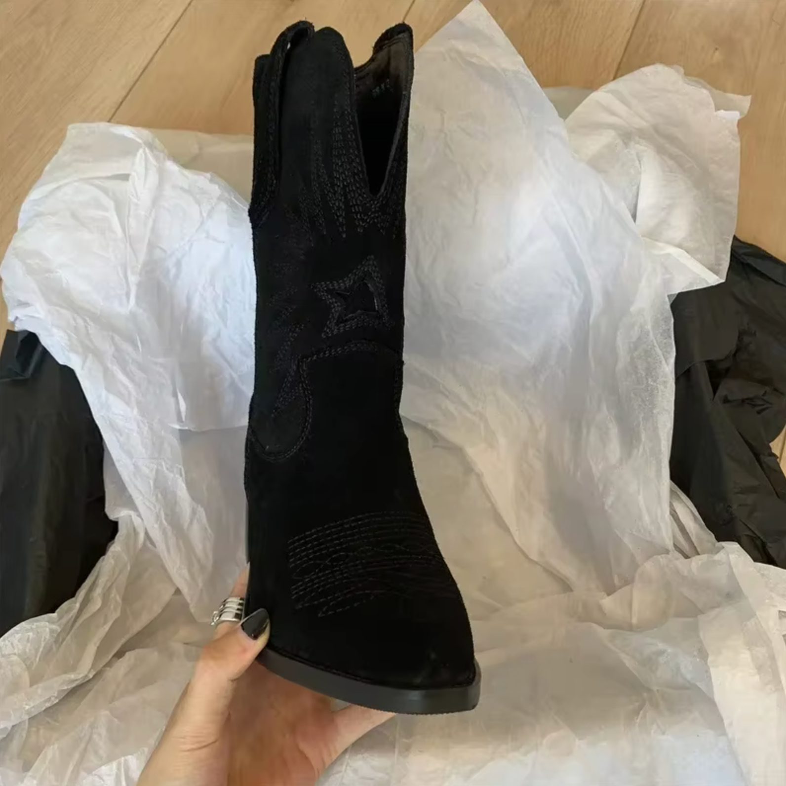 Women's Suede Cowgirl Boots - Pointed Toe Mid-Calf Western Boots - Embroidered Shaft - Block Heel