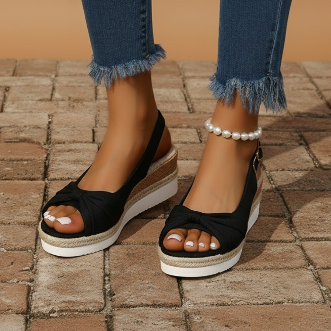 Women's Peep Toe Wedge Sandals - Knotted Vamp - Slingback Buckle Strap - Espadrille Platform Sole