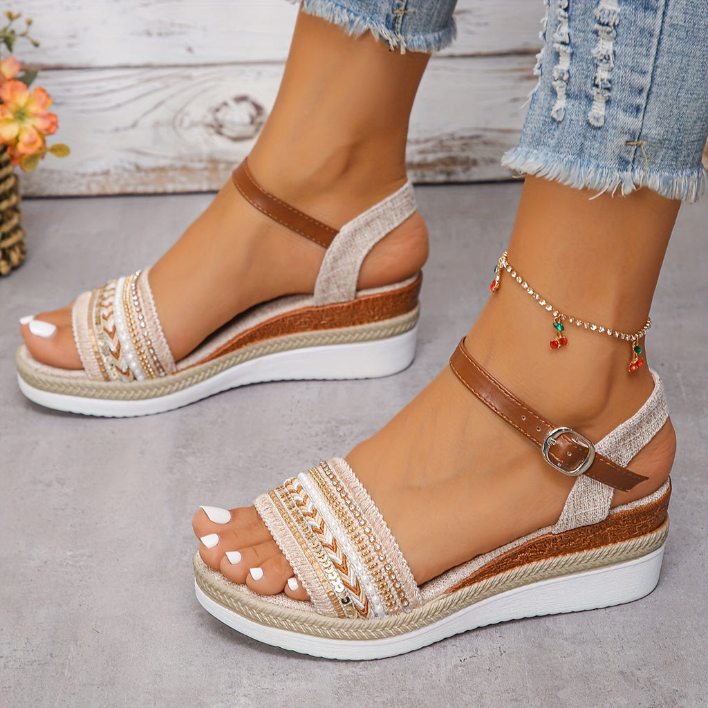 Women's Platform Wedge Comfortable Espadrille - Ankle Strap - Braided