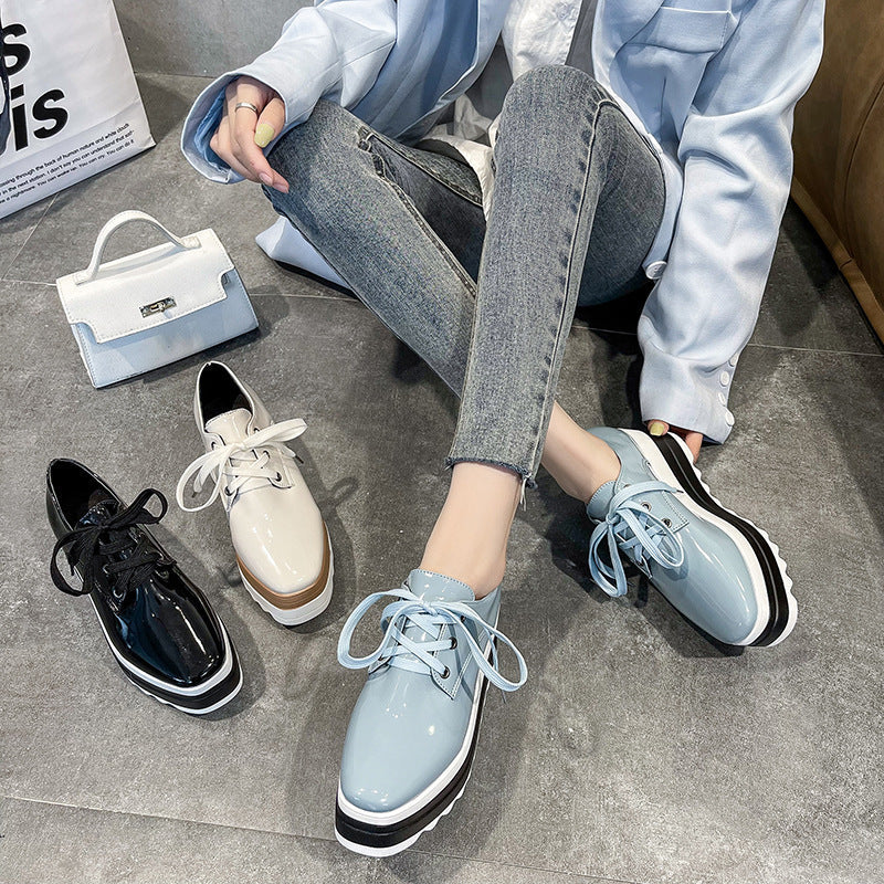 Women's Square Toe High Platform Sneakers - Lace-Up Patent