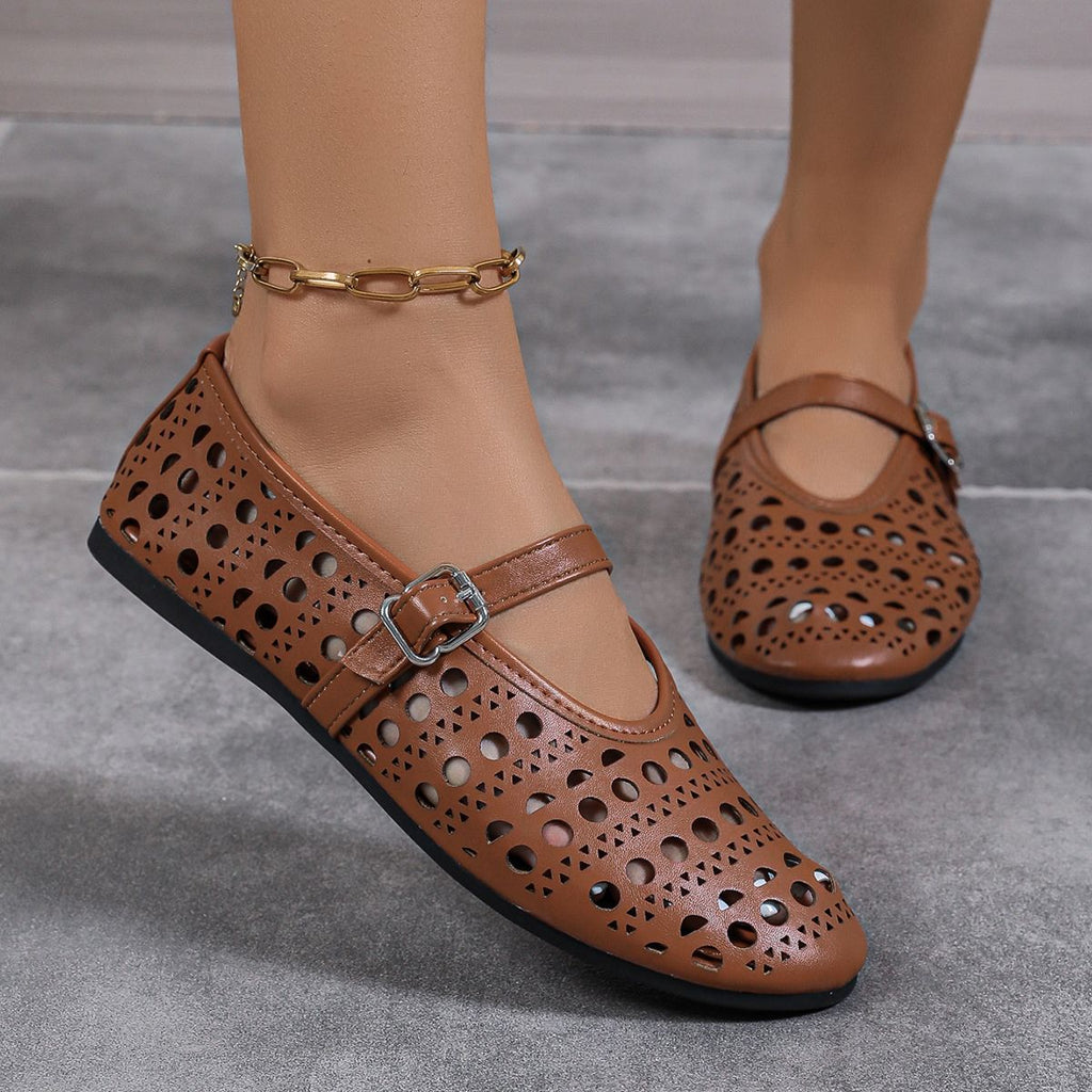 Women's Ballet Flats – Round Toe Cutout Upper with Mary Jane Buckle Strap and Flat Sole