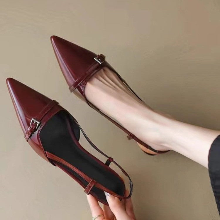 Women's Kitten Heels - Pointed Toe T-Strap Slingback - Patent Upper - Buckle
