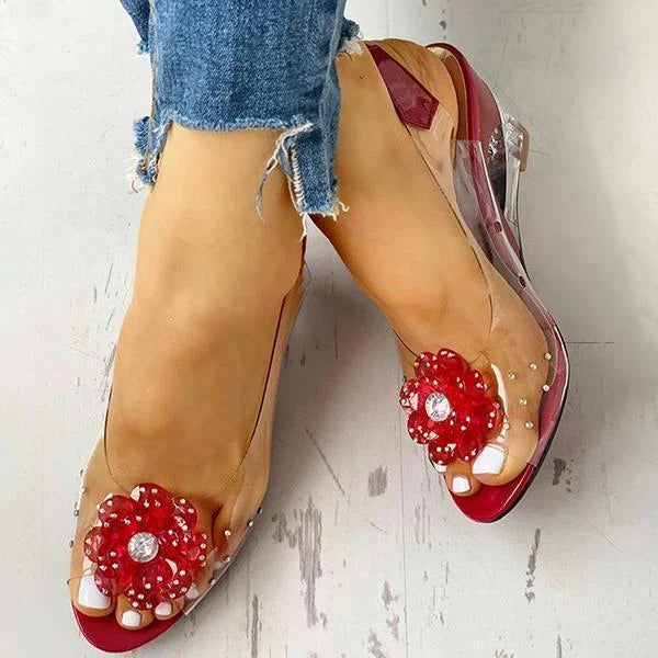 Women's Clear Wedge Sandals – Open Toe Slingback with Flower Crystal Detail