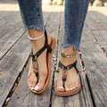 Women's Flat Thong Sandals – T-Strap Braided Elastic Slingback with Carved Bead Detail