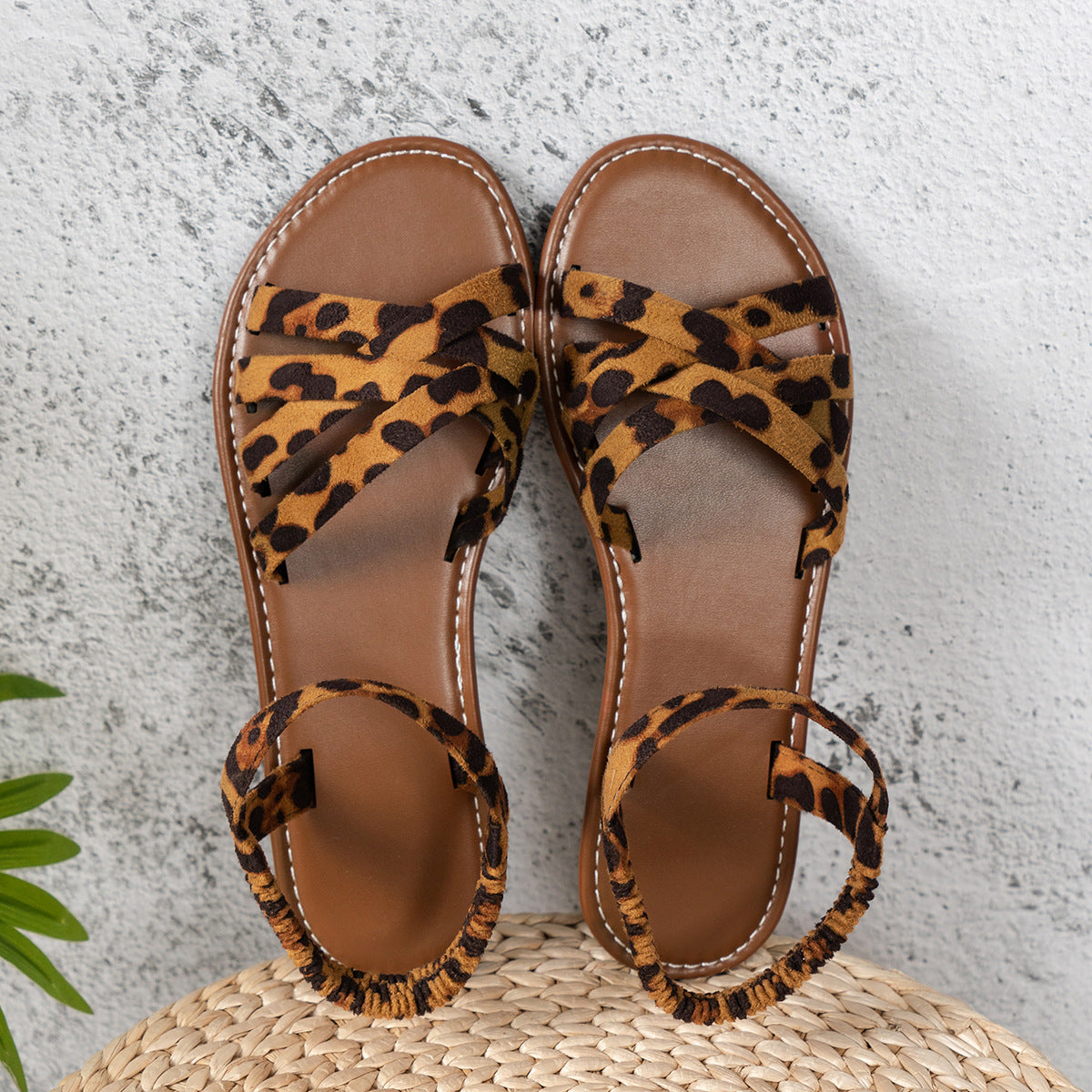 Women's Leopard Print Ankle Strap Flat Sandals
