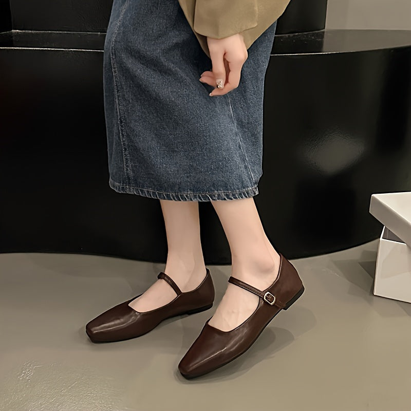 Women's Leather Ballet Flats – Square Toe Single Strap with Gold-Tone Pin Buckle