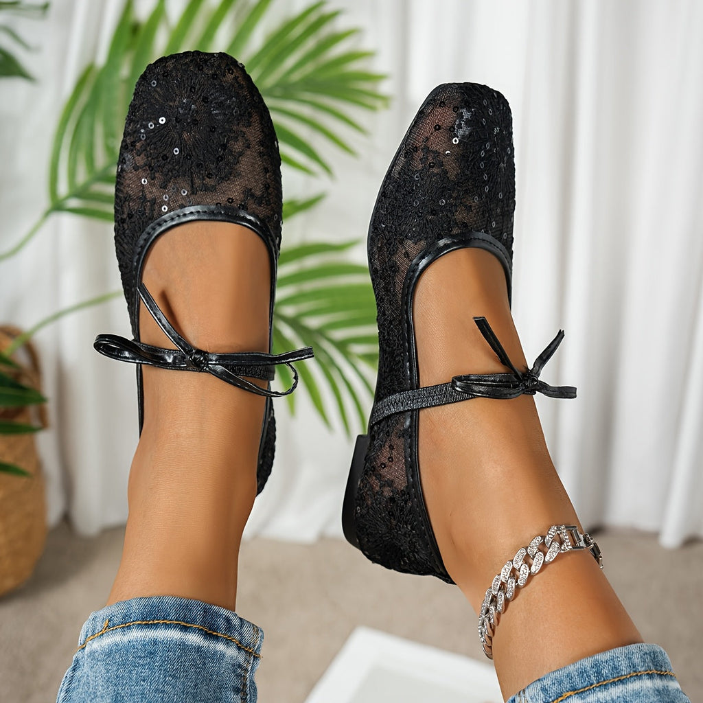 Women’s Mesh Mary Jane Flats - Sheer Panel Design - Bow Detail - Flat Sole