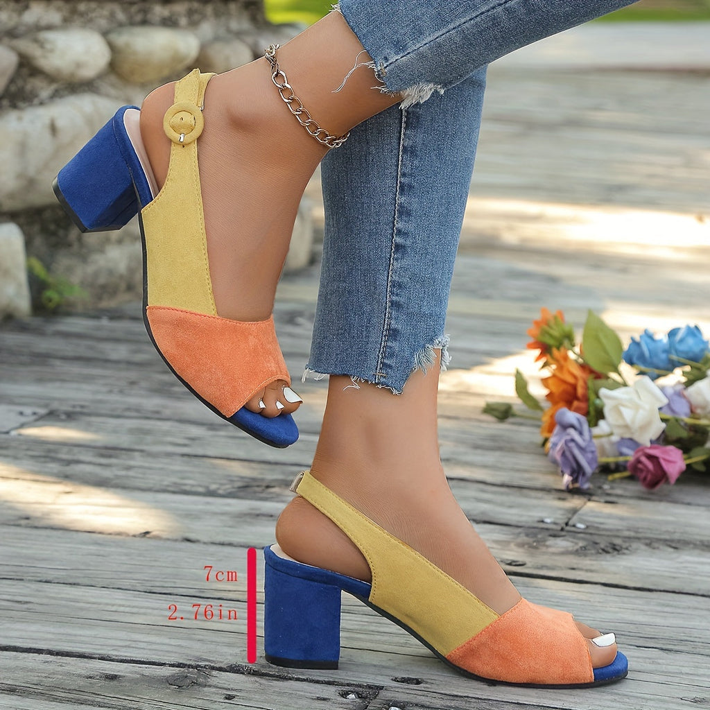 Women's Color Block Slingback Block Heels - Open Toe Peep Toe