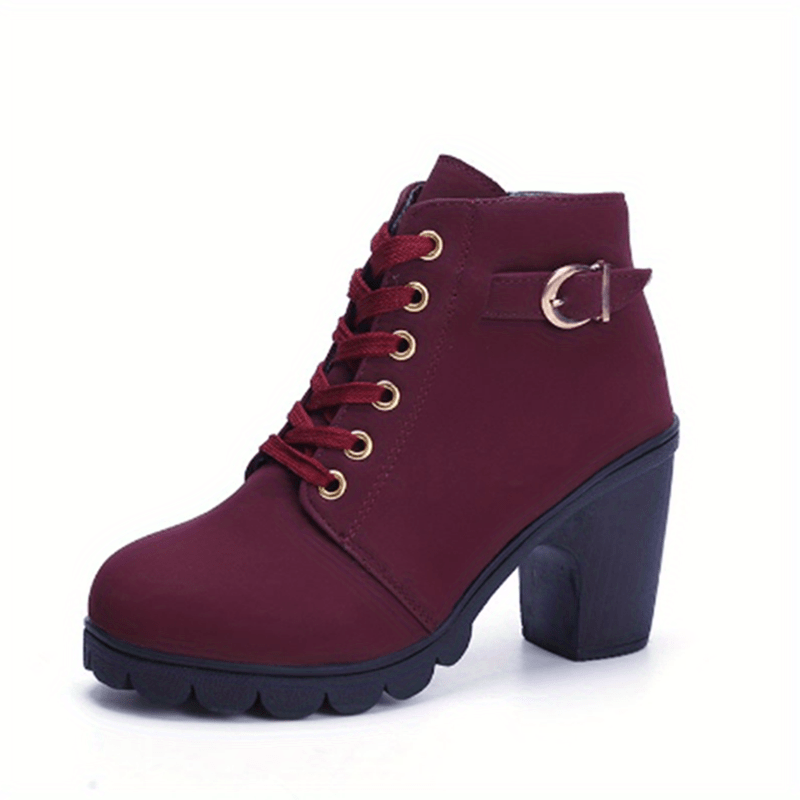 Women's Ankle Boots - Block Heel - Lace-Up - Side Zipper - Buckle Detail
