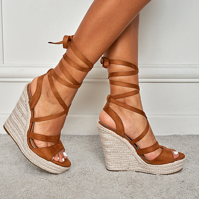 Women's Strappy Espadrille Wedge Sandals – Open Toe Calf Lace-Up Tie