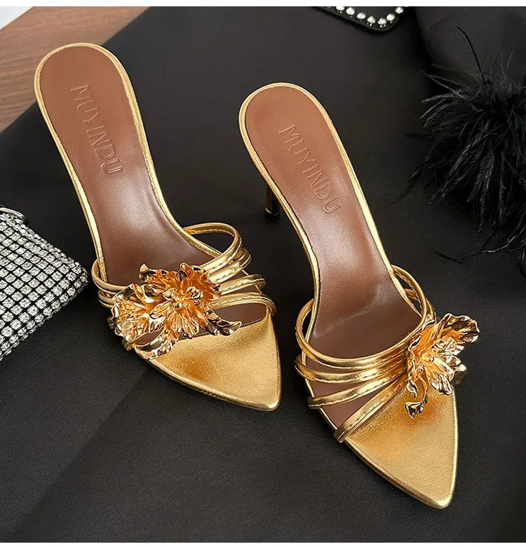 Women's Pointed Toe Strappy Heeled Mules - Gold Metal Flower Stiletto
